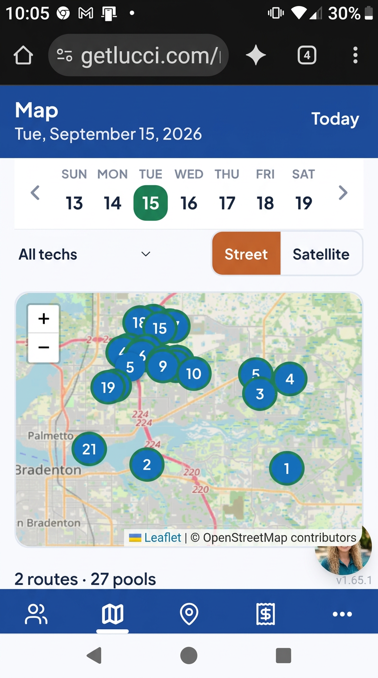 Lucci map showing representative pool stops across two routes