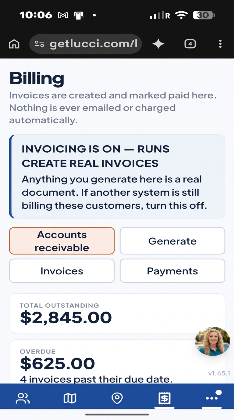 Lucci billing screen with representative outstanding invoice figures