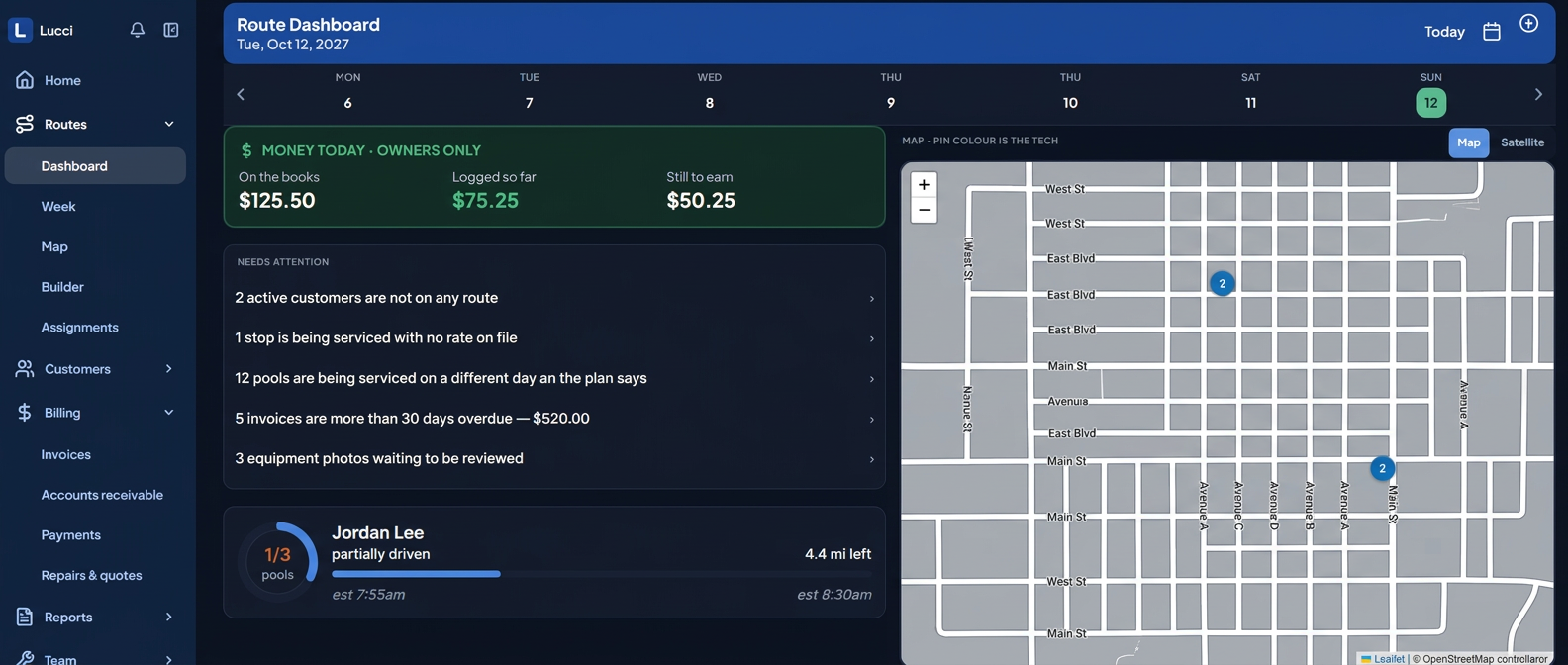 Privacy-safe Lucci route dashboard in dark mode with fictional route data