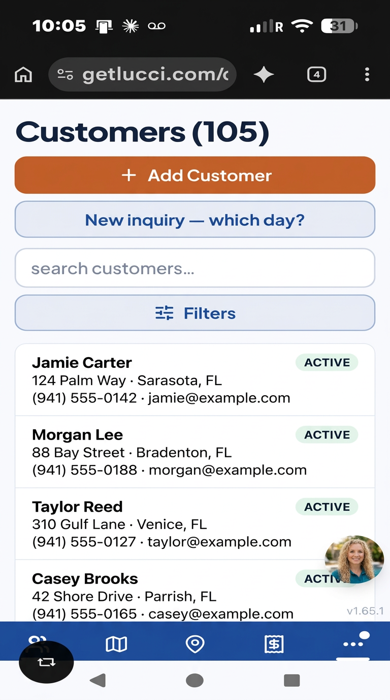 Lucci customer list populated with fictional demonstration customers